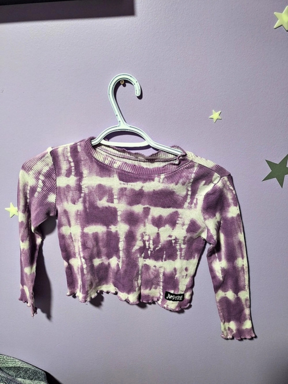 Justice Tie Dye Waffle Knit Long Sleeve Top Crop Top in Purple & Green